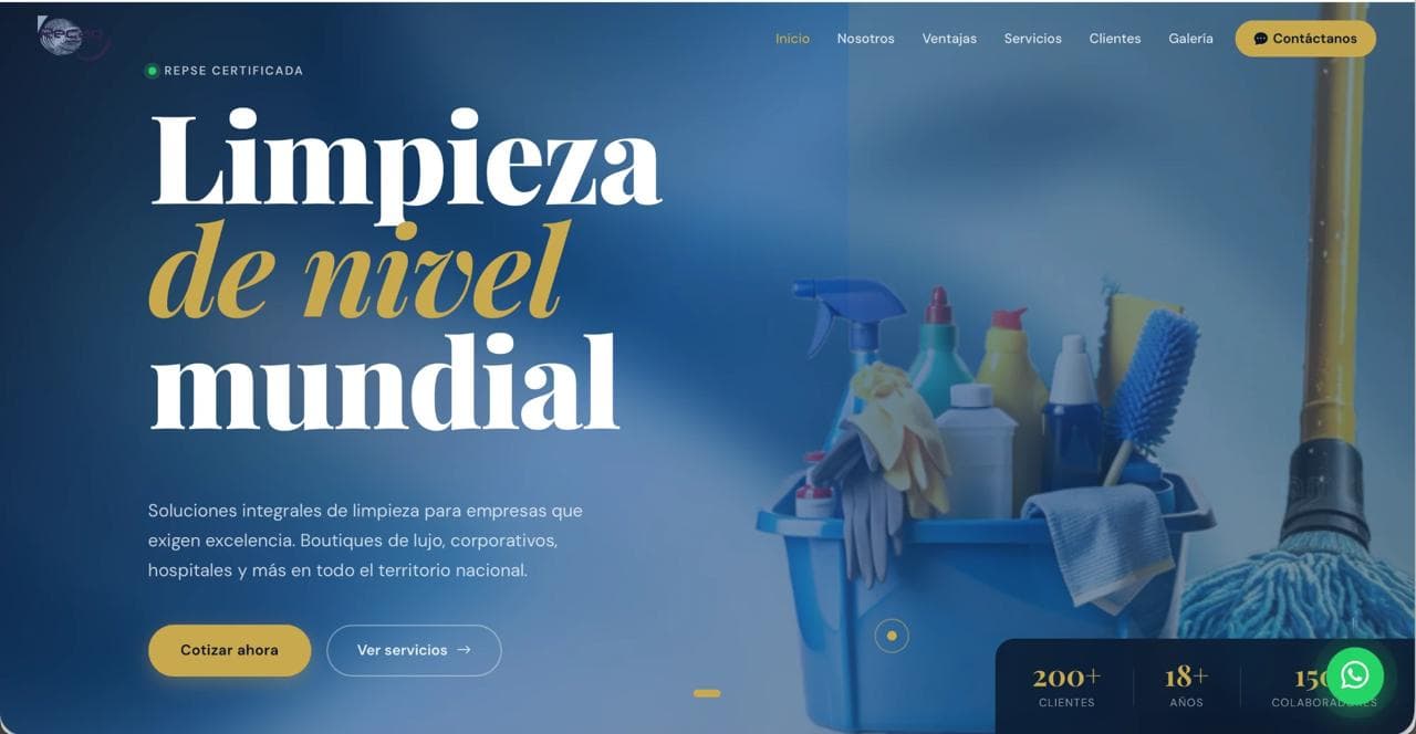 Vista del sitio web de una empresa de servicios de limpieza para empresas premium